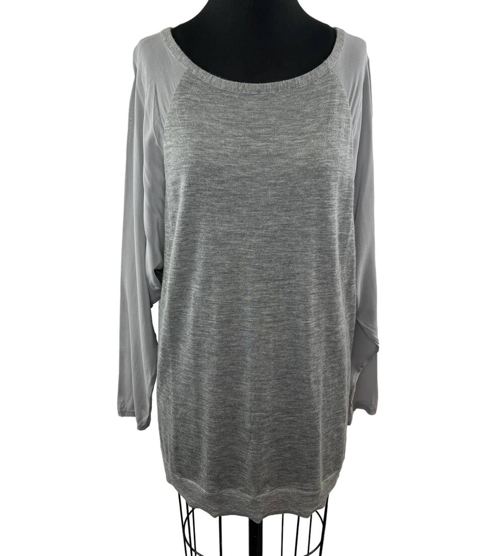 VINCE Light Gray Heather Cashmere Tunic Top with Stretch-Silk Sleeves Scoop L
